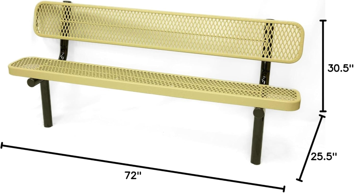 Coated Outdoor Furniture Heavy-Duty Outdoor Bench Thermoplastic Coated, Expanded Metal, Commercial-Grade Seating, Made in America (Inground with Back, 6 Ft, Textured Sandstone)