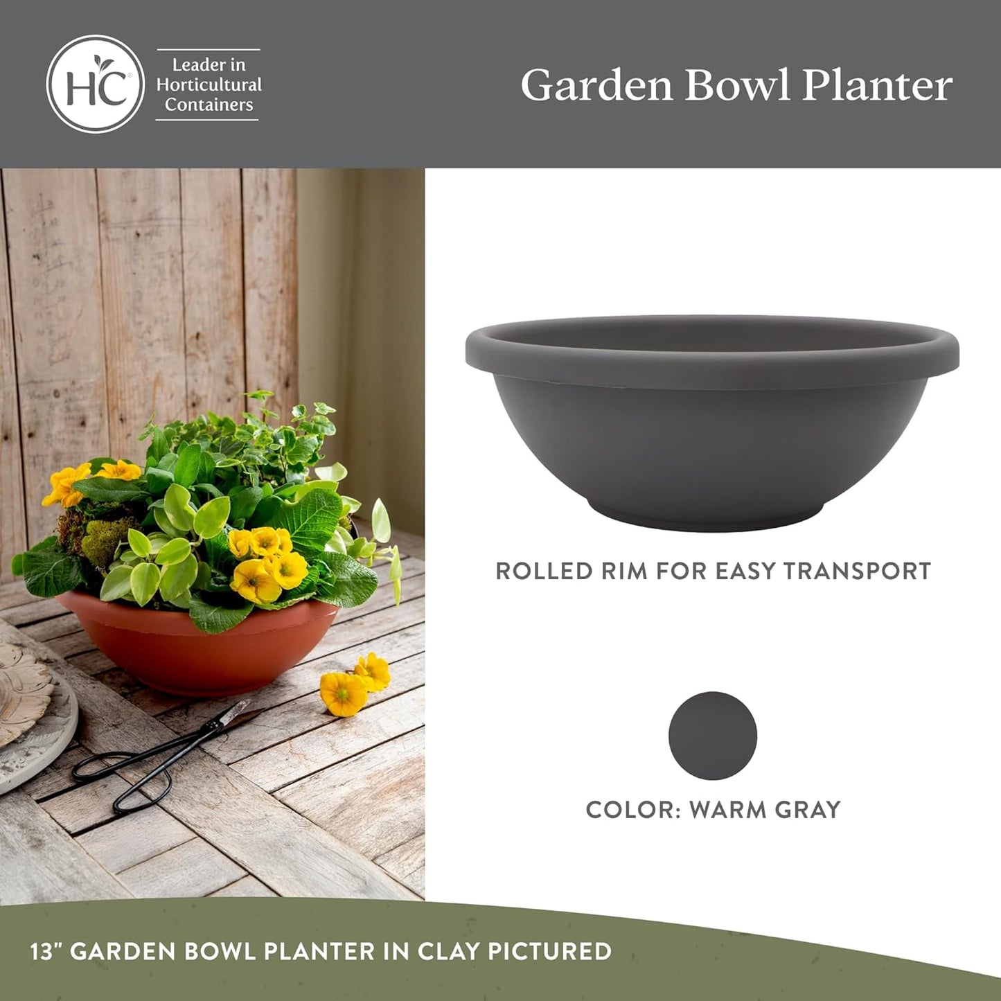 The HC Companies Shallow Planter with Drainage - Contemporary Garden Bowl Planter for Flowers, Herbs & More - Round Succulent Planter Pot for Indoors and Outdoors (24" Warm Gray, Pack of 2)
