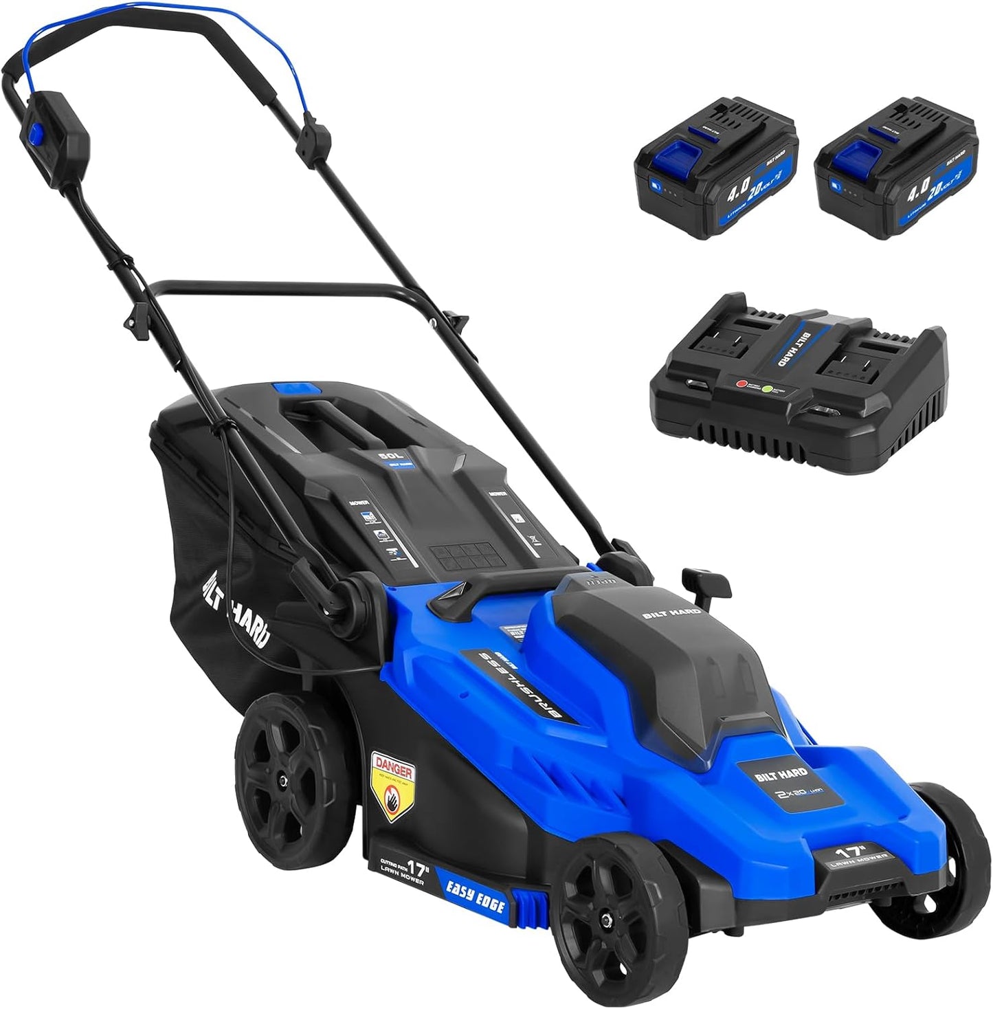 BILT HARD 40V 17" Brushless Cordless Lawn Mower, 2-in-1 Electric Lawn Mower, Push Lawnmower with 6-Position Height Adjustment, 2 x 4.0Ah Batteries & Dual Charger Included