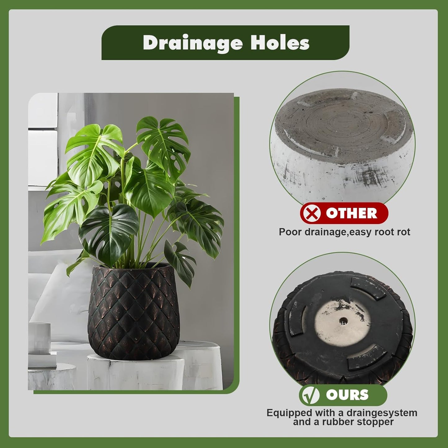 Craft flowerpots 18"+13"+9" Dia Round Concrete Planter Set of 3 Large Outdoor/Indoor Planter Pots Containers with Drainage Holes and Rubber Plug for Home Garden (Black, Large)