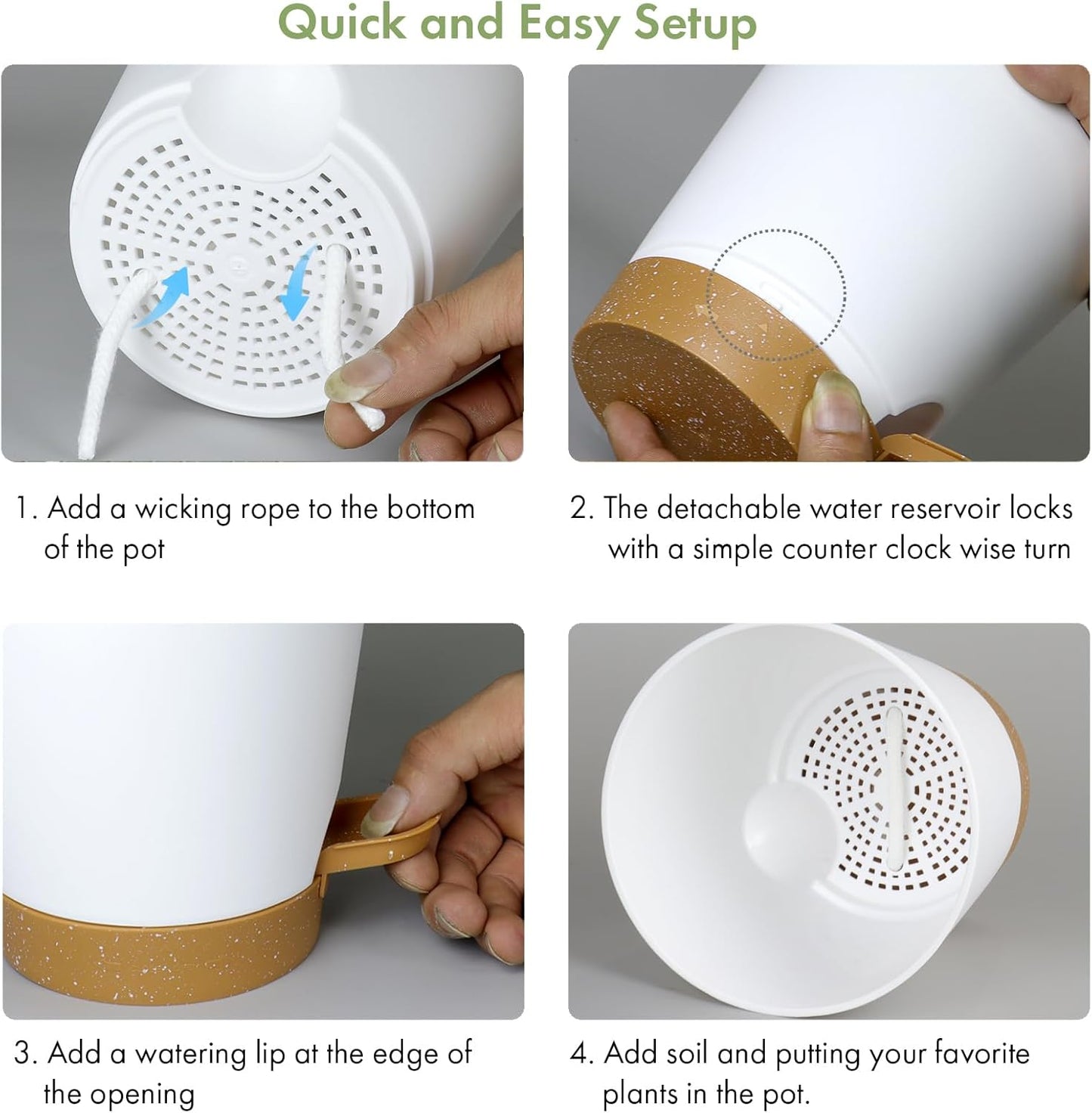 7/6.5/6/5.5/5/4 inch Self Watering Pots for Indoor Outdoor Plants, 6 Pack Plastic Flower Planters with Drainage Holes and Removable Saucers, Plant Pots with Wicking Rope, White Brown