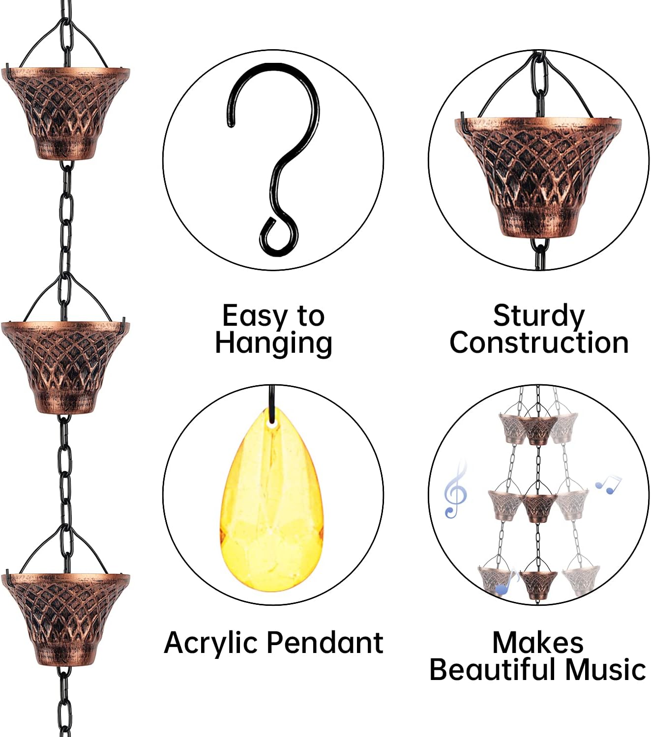 Rain Chains for Gutters Outside 8.5FT Copper Rain Catcher Chain with 12 Cups Decorative Replacement for Downspout