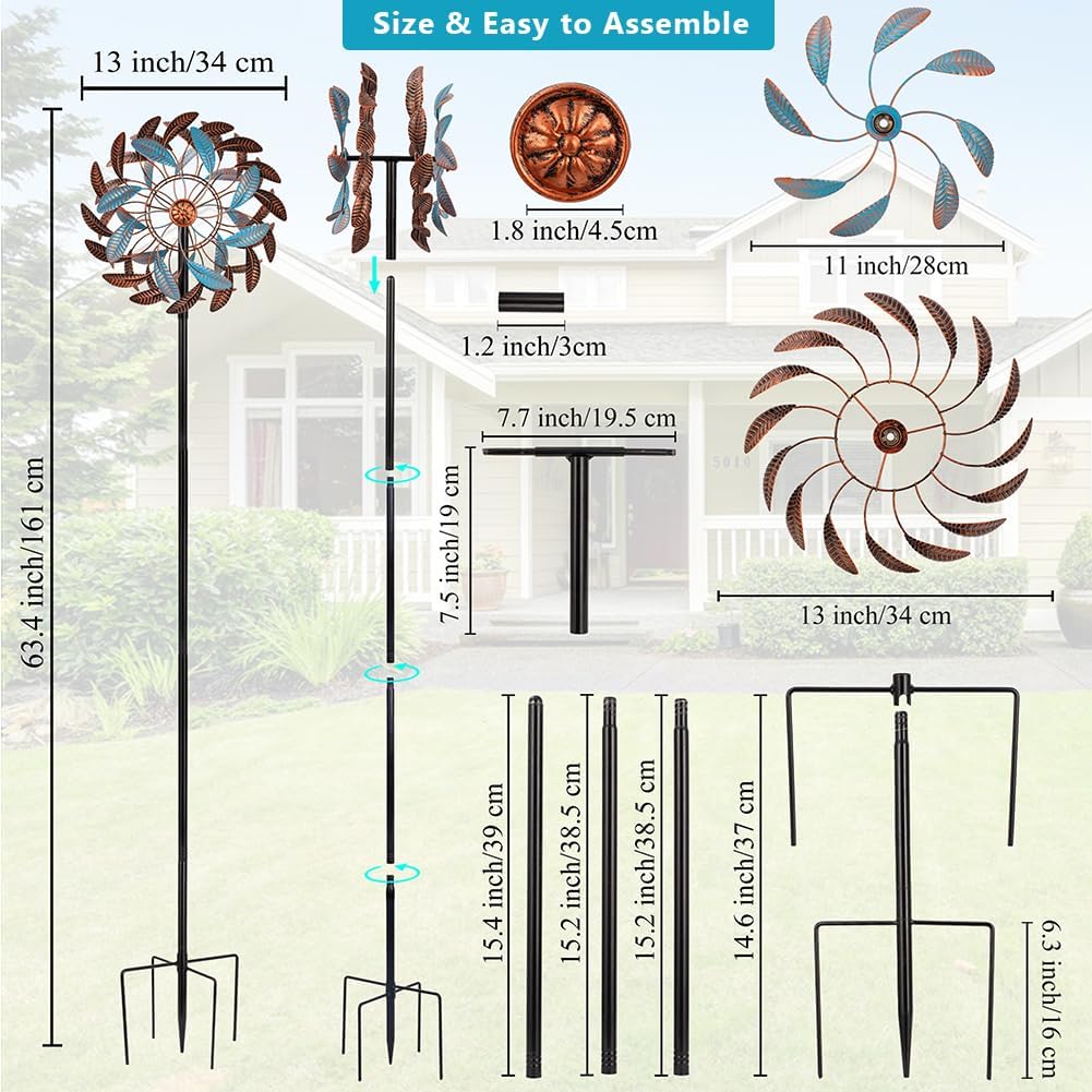 360° Wind Spinners Outdoor,13” Kinetic Wind Spinner,Yard Art Windmill with Metal Stake,Vintage Metal Wind Sculptures & Spinners,Waterproof Pinwheels Large Wind Spinner for Yard and Garden