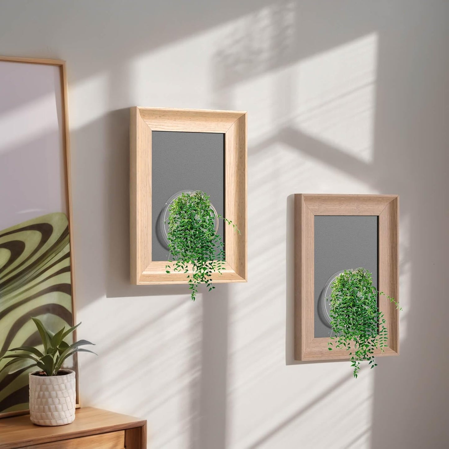 Wooden Frame Wall Hanging Planter for Hydroponic Plants，12X16 inch Wall Vase with Round Acrylic Propagation Station，Bathroom, Office, or Living Room Décor, Set of 2 Mix