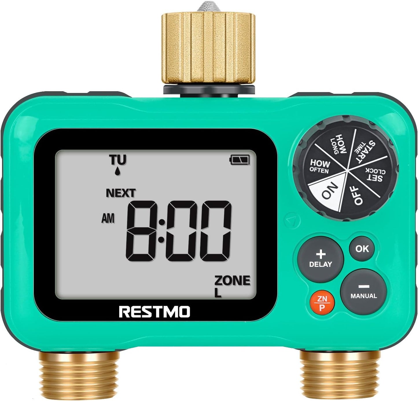 RESTMO Sprinkler Timer with Brass Inlet & Outlet, 3 Separate Programs Water Timer for Garden Hose, Manual/Rain Delay/Automatic Watering for Drip Irrigation and Lawn, 2 Outlet