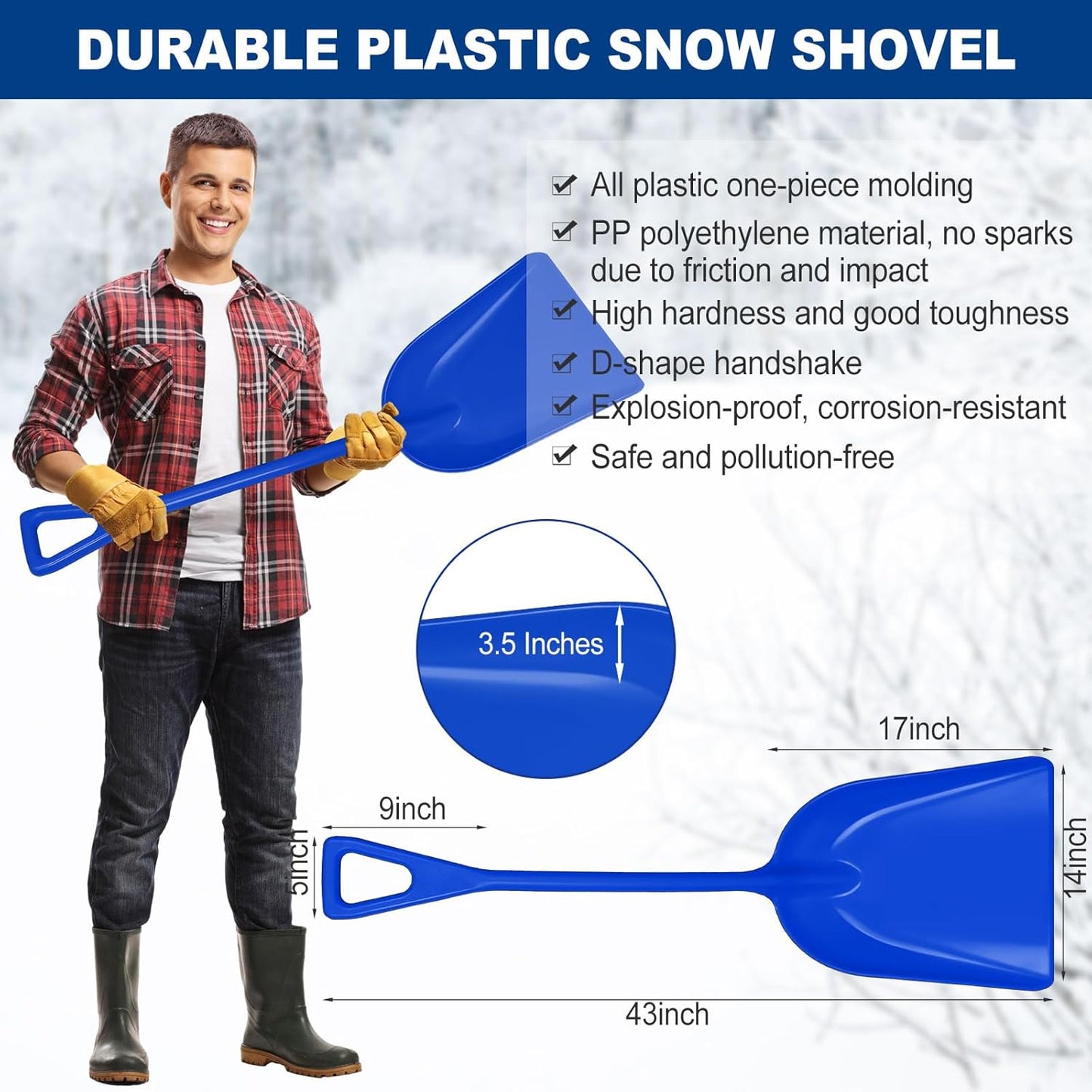 Frienda 3 Pieces Plastic Snow Shovel 43 x 14 Inches Heavy Duty Hygienic Shovel with D Shaped Grip Handle Large Durable Seamless Snow Scoop for Kitchen Gardening(Blue)