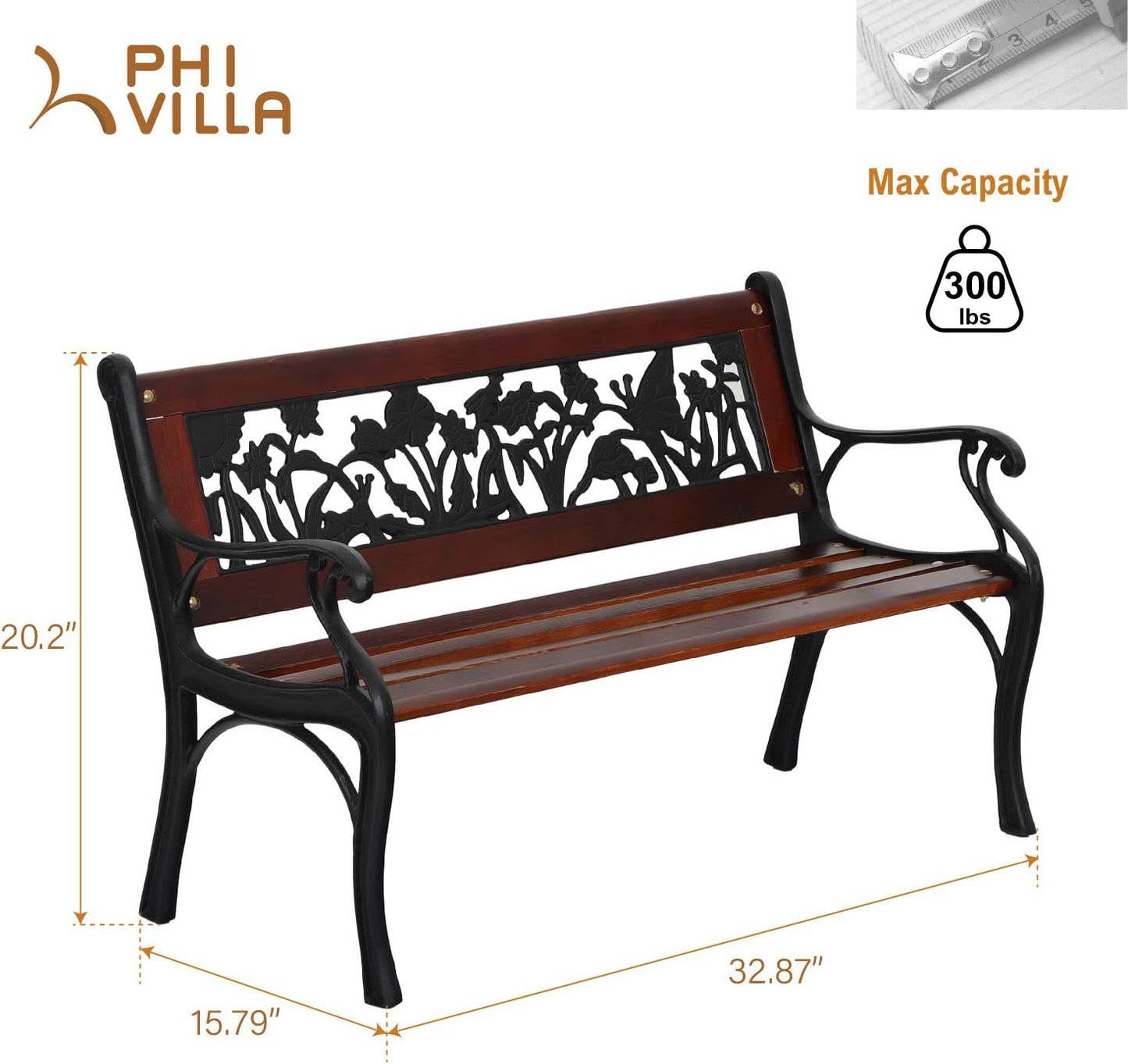 PHI VILLA Outdoor Garden Bench for Children, 33”L Small Metal Bench with Wood Clearance Seating & Floral Pattern Back for Patio, Lawn, Balcony, Backyard, Porch and Indoor - Black