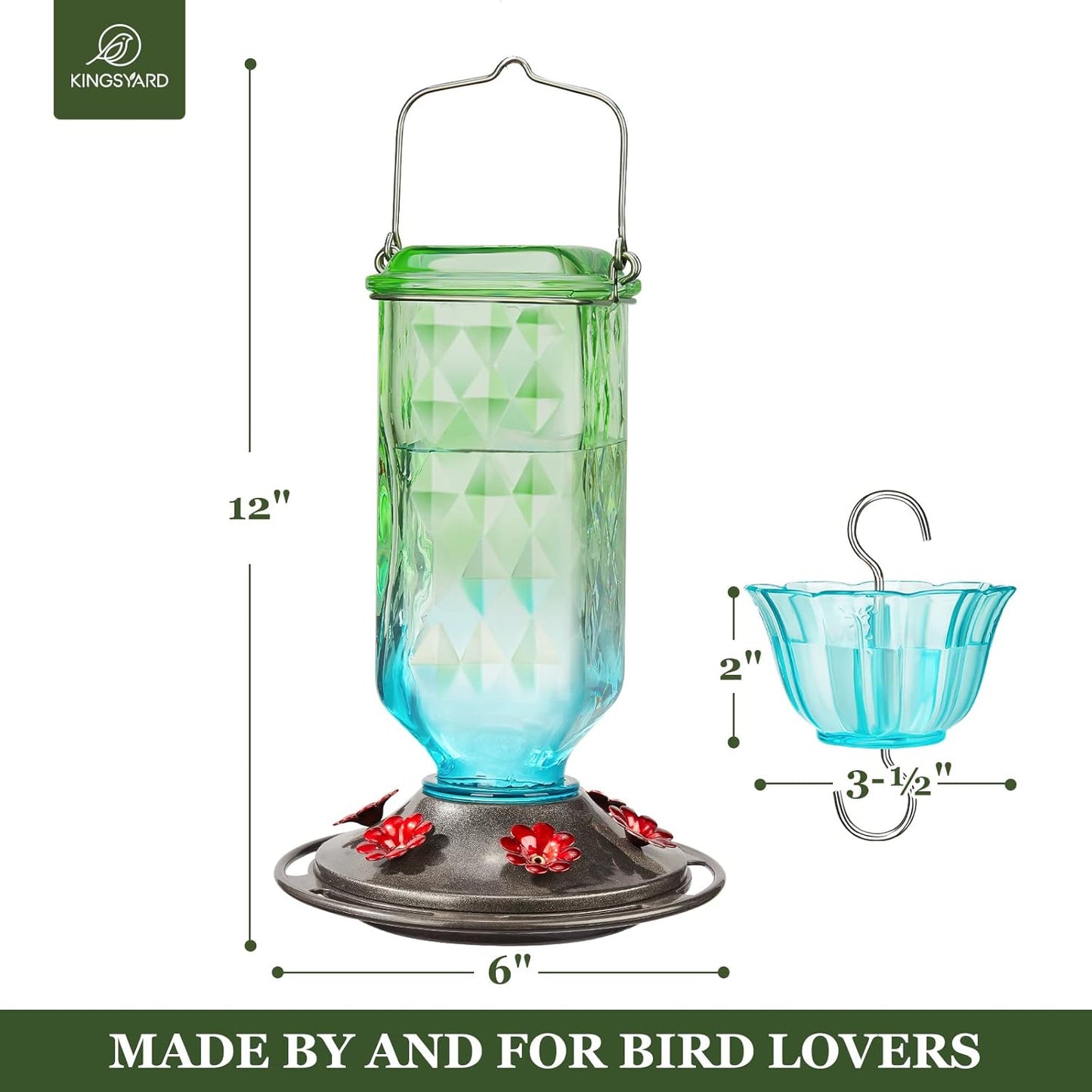 Kingsyard Glass Hummingbird Feeder for Outdoor Hanging, 24 Ounces, 6 Feeding Ports, Bird Nectar Feeder for Garden Décor, Ant Moat Included, Green & Blue