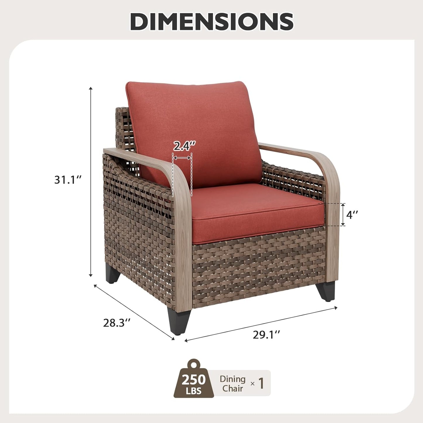 EAGLE PEAK Modern Wicker Outdoor Chair, Patio Chair Curved Armrest, Rattan Patio Furniture for Yard Deck Porch Garden, 1 Chair, Brown/Red