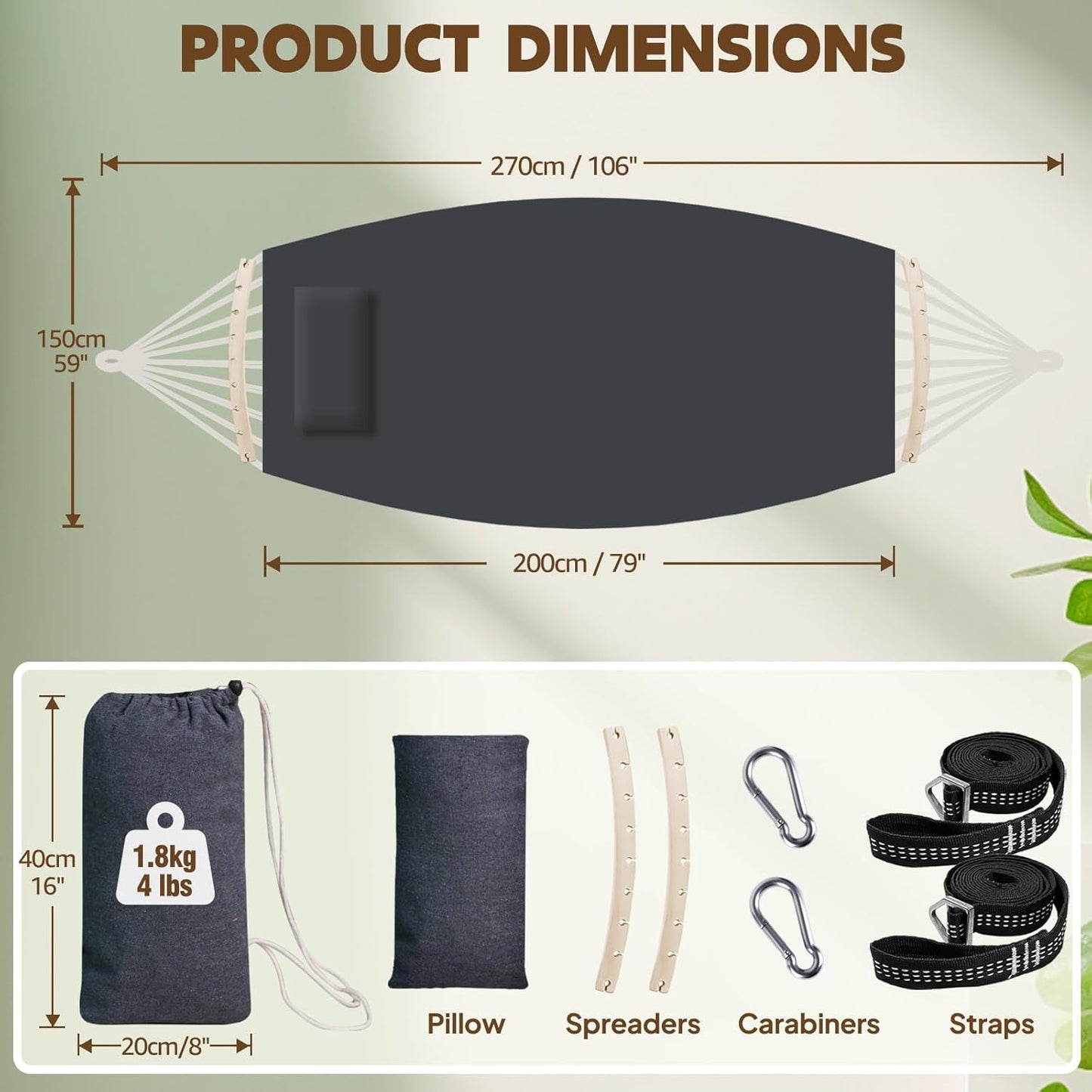 Chihee Cotton Hammock Large Soft Breathable Camping Hammock Holds Up to 660lbs Portable Tree Hammock with Detachable Spreader Bar Pillow 2 Strong Webbings 2 Carabiners Patio Garden Indoor Outdoor