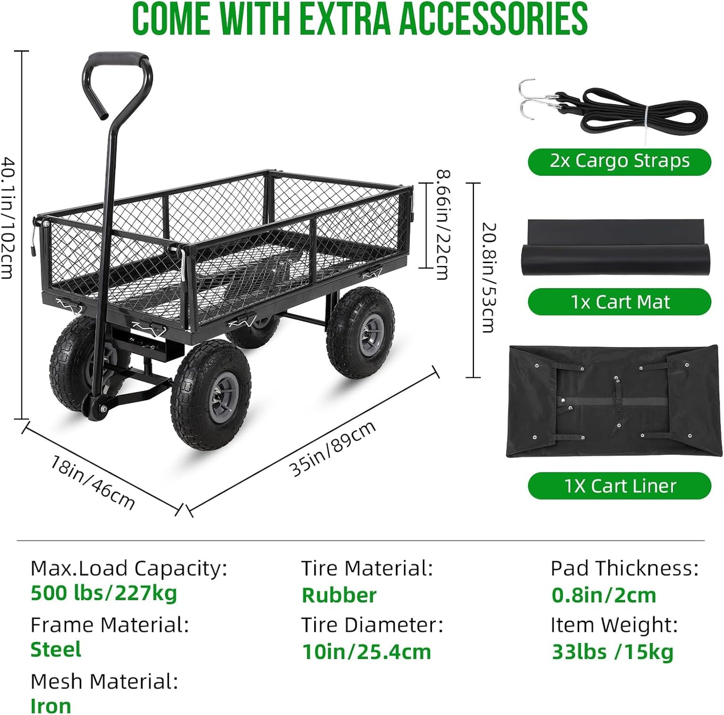 Heavy Duty Steel Garden Cart Folding Utility Wagon with Removable Cart Liner, 500 Lbs Capacity