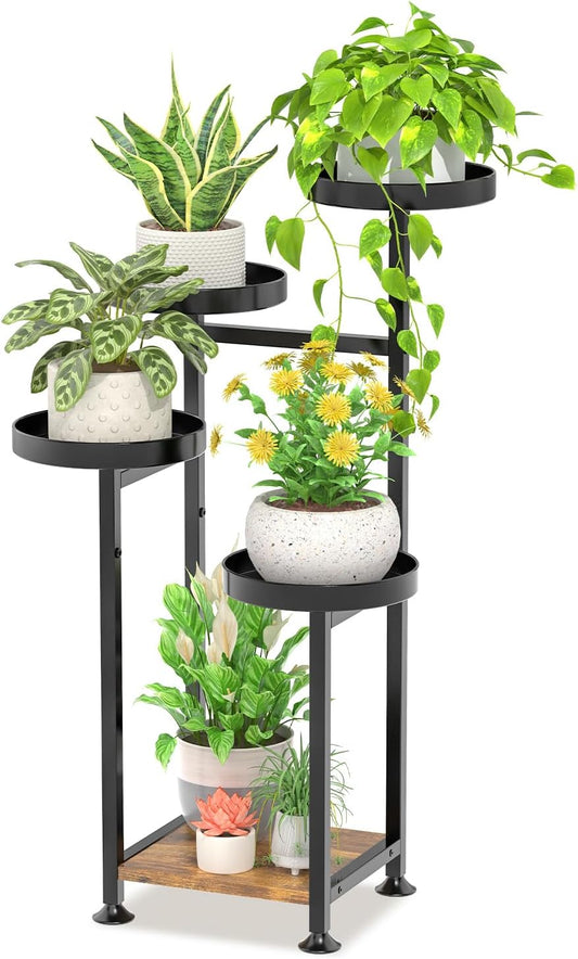 LASZOLA 5 Tiered Black Plant Stand Indoors for Multi Larger Heavy Duty Planter, Sturdy Flowers Rack for Narrow House Inside, Decorate for Herb Tree, Metal Ladder Shelving with Wood Base, Space Saving