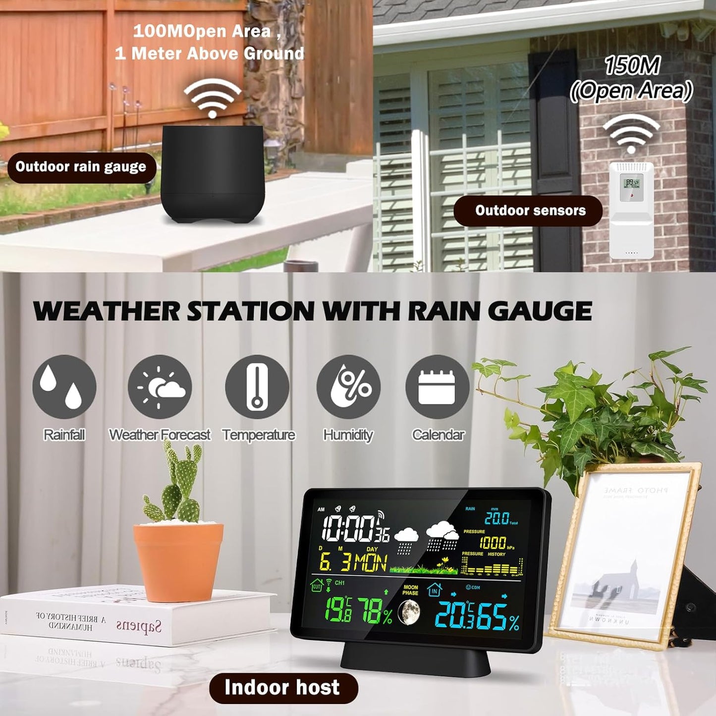 BIUWING Wireless Rain Gauge and Weather Station, Digital Rain Gauge Outdoor Home Weather Stations with Thermometer, Hygrometer, Atomic Clock, Forecast and Barometer, Weather Station with Rain Gauges