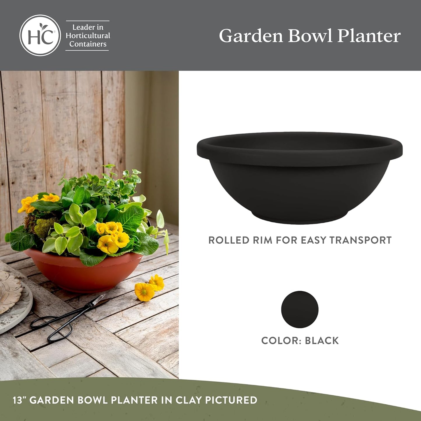 The HC Companies Shallow Planter with Drainage - Contemporary Garden Bowl Planter for Flowers, Herbs & More - Round Succulent Planter Pot for Indoors and Outdoors (20" Black, Pack of 2)