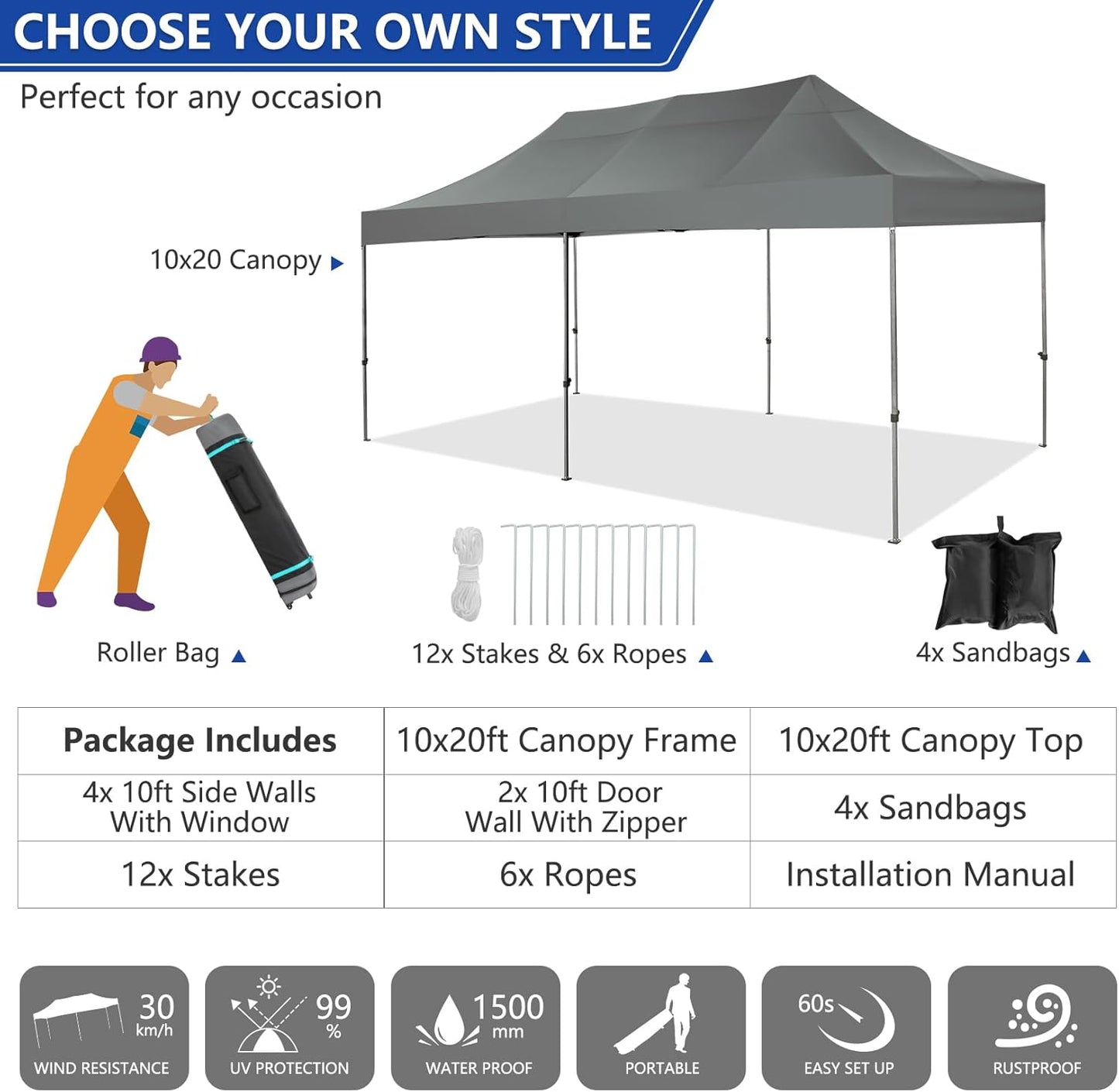 COBIZI 10x20 Pop up Canopy Tent Heavy Duty Without Sidewalls, Easy Set-up Commercial Outdoor Party Tent, 100% Waterproof Wedding Gazebo, 3 Height Adjustable with Wheeled Bag, Gray