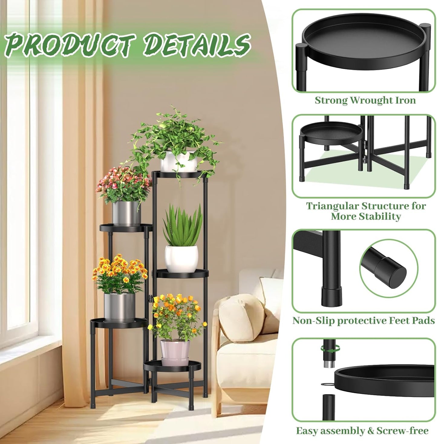 MOKANI Metal Plant Stand Indoor Outdoor for Multiple Plants, 5 Tiered Folding Corner Shelf Tall Flower Pot Holder Display Rack for Patio Living Room Balcony Garden, Black