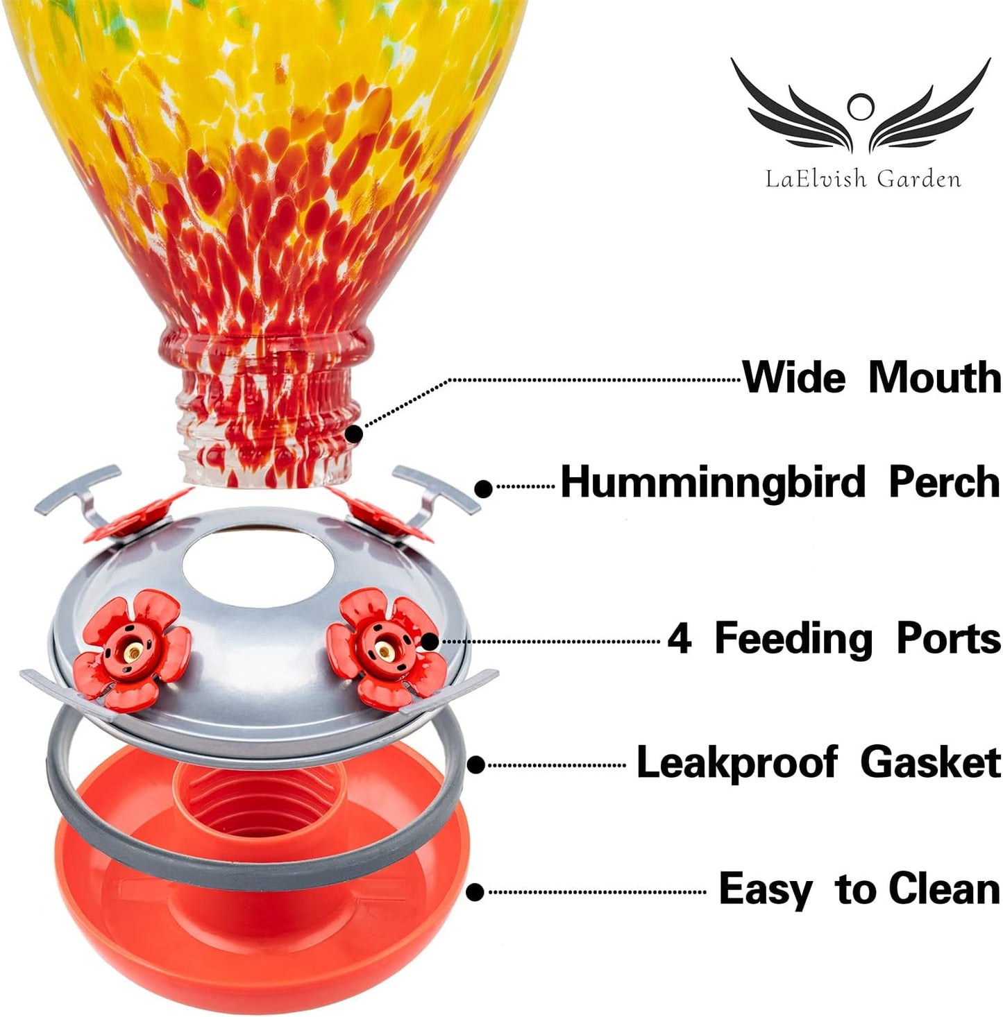 Hummingbird Feeders, 34OZ Hand Blown Glass Hummingbird Feeder for Outdoors Hanging with Ant MoatHooks, Perfect for Gardening Yard Patio Decor Gifts (Rainbow)