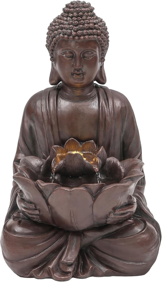 18.9" H Buddha Outdoor Water Fountain with LED Lights and Pump,Zen Style Relaxing Garden Fountain Waterfall for Patio, Porch, or Yard, Faux Bronze