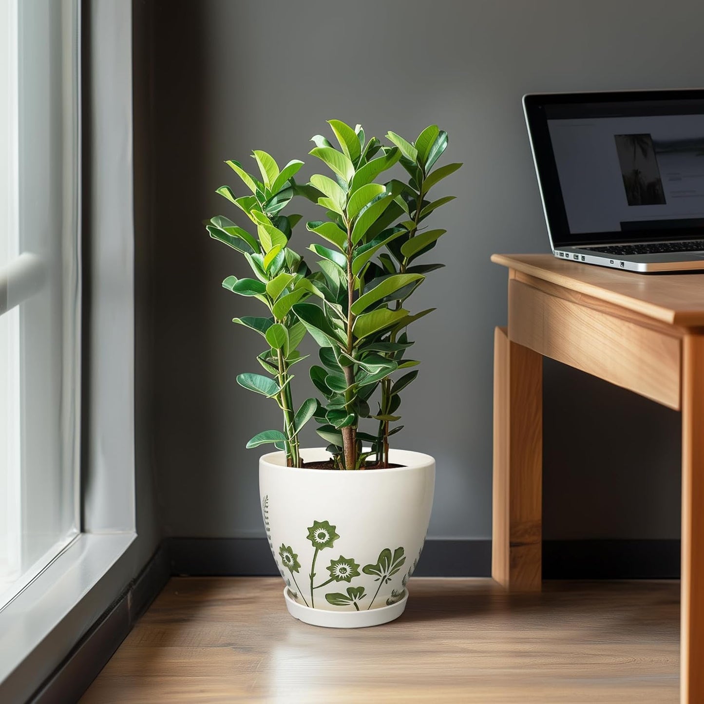 Ceramic Plant Pot 10 Inch - Ceramic Planter for Indoor Outdoor Plants, Decorative Boho Round Planter with Drainage Hole and Saucer, Housewarming Gifts, Office Garden Home Decor, White