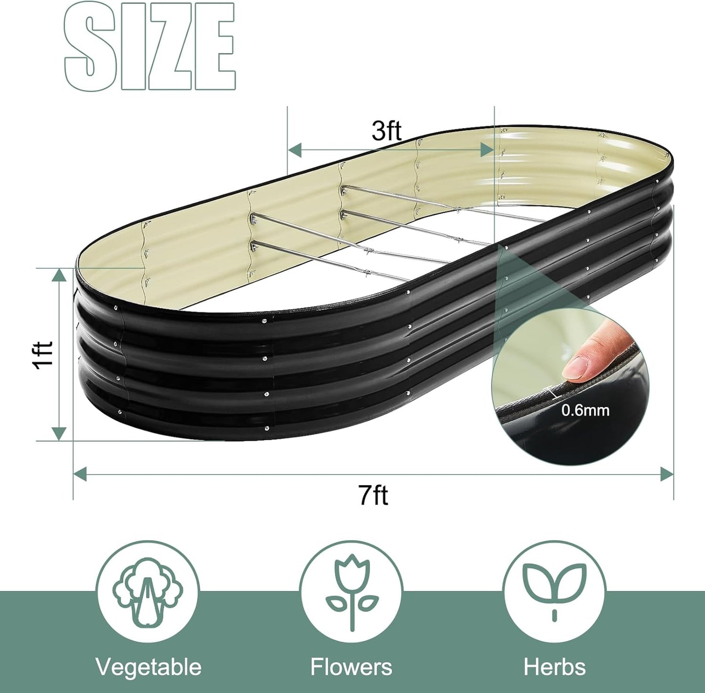 12" Tall Black Oval Metal Raised Garden Bed Outdoor - 7x3ft Galvanized Steel Planter Box for Vegetables/Flowers Modular Rust-Proof Gardening Bed Heavy Duty Plant Container