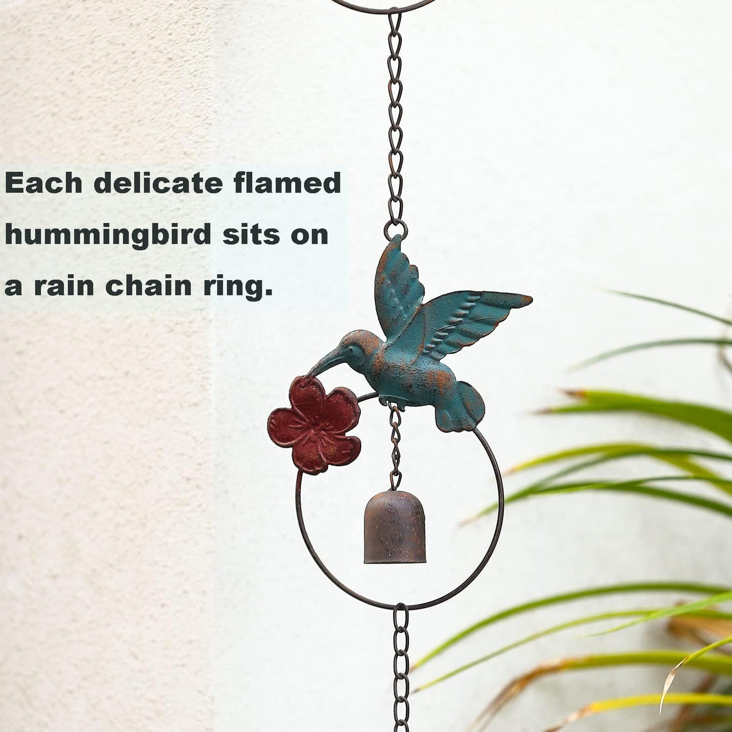 Jemeni 8.5' Length Flamed Hummingbird and Bell Rain Chain, Hanging Outdoor Garden Ornament, Colorful……
