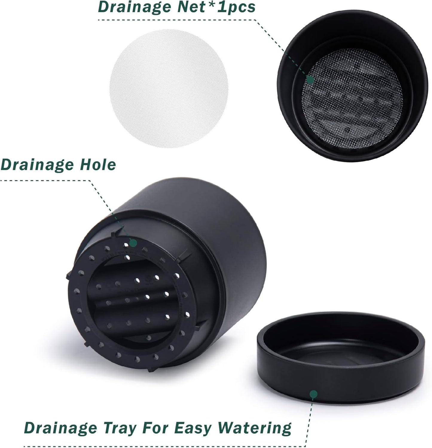 Phoenix Vine 4 Inch and 6 Inch Planter Pot with Drainage Hole & Deep Water Catch Tray Saucer, Straight Cylindrical Round Pot for Plants, Matte Black, 23-A-2-Z