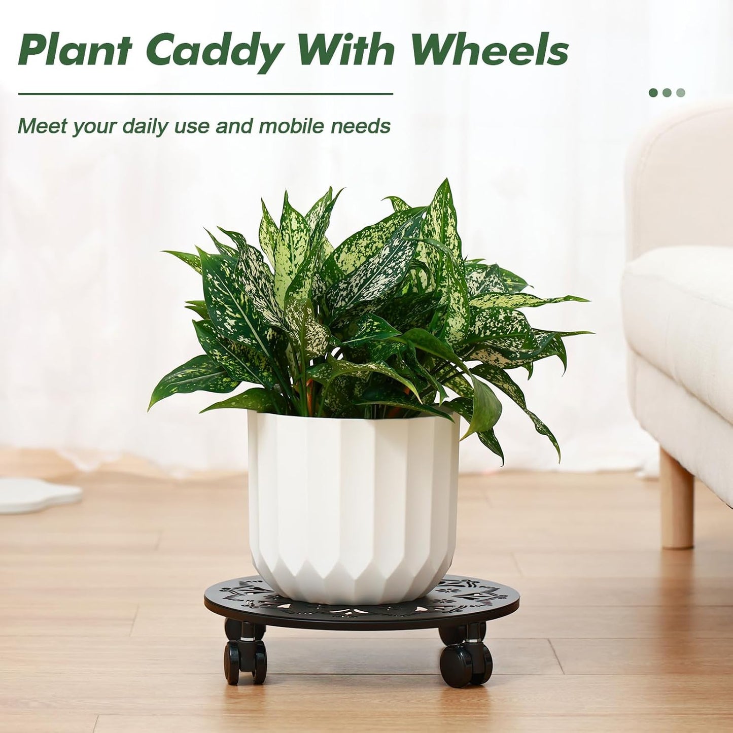 2 Pack Rolling Plant Caddy with Wheels 12 Inch, Plant Rollers with Wheels Metal Plant Caddy with Wheels Heavy Duty Plant Stand for Large Plants, Matte Black Rolling Planter Base, 4 Wheels for Planters