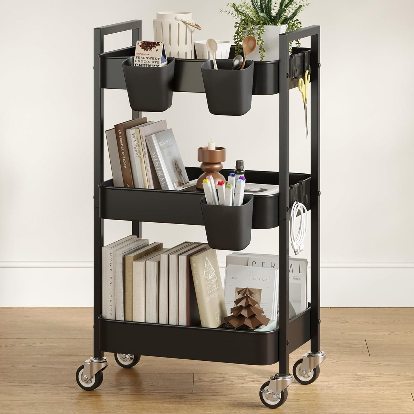 3 Tier Rolling Cart,Utility Cart with Locking Wheels, Hanging Cups & Hooks, Heavy Duty Metal Storage Organizer Cart for Kitchen,Office, Bathroom,Craft Room,Black