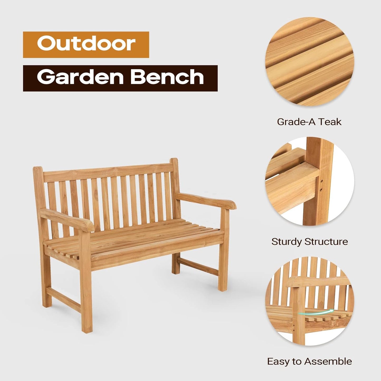 A-Grade Natural Teak Bench - Outdoor Garden Bench with Curved Backrest & Arch Armrest, Patio Bench - All-Weather 100% Solid Teak Wood 2-Person Park Bench for Yard, Lawn