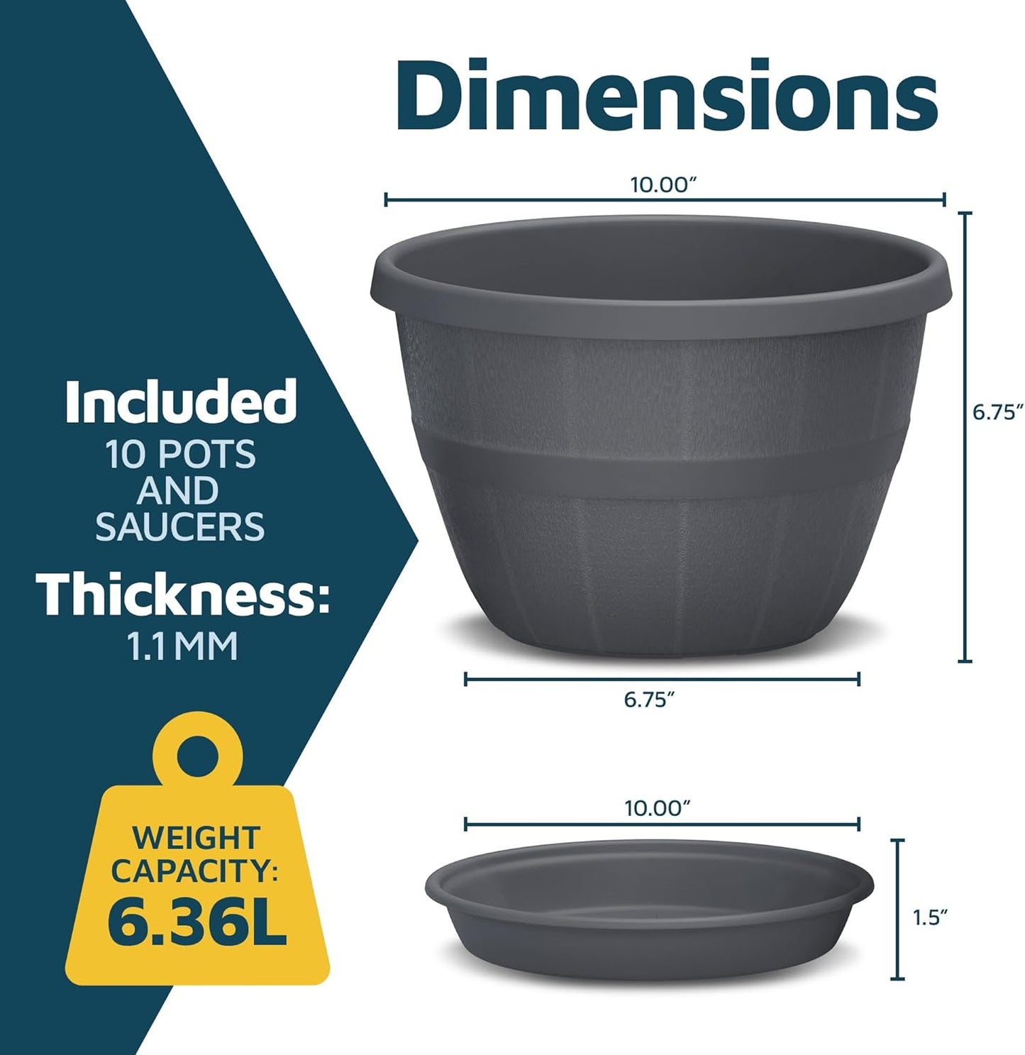 10-Inch Whiskey Barrel Planters Outdoor Pack of 10 - Durable Plastic Plant Pots for Indoor & Outdoor Use with Drainage & Saucer, Lightweight Rustic Barrel Planters for Flowers, Herbs & Small Plants