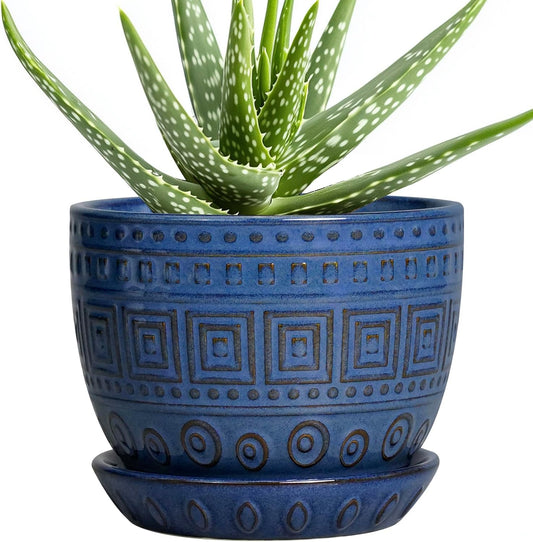 G EPGardening Plant Pots Indoor 5 Inch - Ceramic Pot for Plants with Drainage Hole and Saucer Round Planter Outdoor Modern Flower Pot Home Office Decor Blue