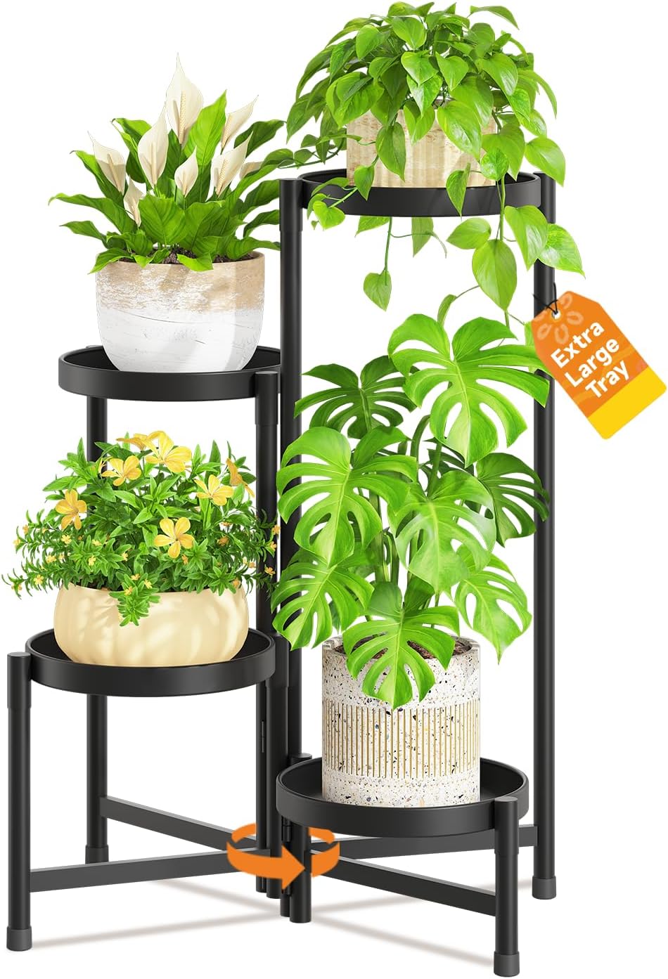 LASZOLA 4 Tiered Folding Plant Stand Indoor for Multiple Large Planter, Tall Heavy Duty Adjustable Rack with Rust Proof 10 Inch Wide Tray, Sturdy Vertical Tree Organizer for Narrow Inside Floor, Black
