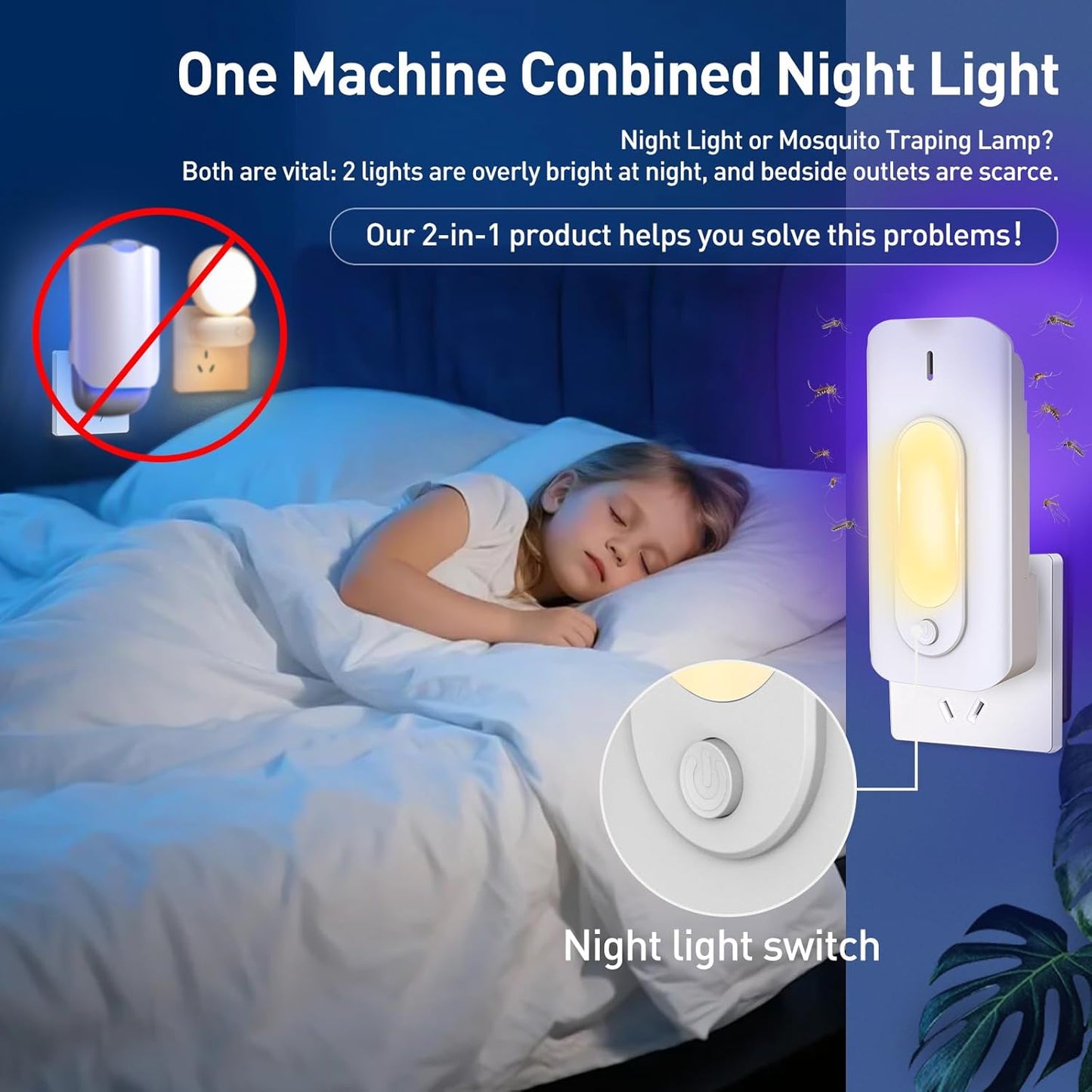 Fruit Fly Trap for Indoors with 10 Refills, 2 in 1 Fly Trap Indoor with Night Light for Home, Gnat Traps for House Indoor, Plug-in Insect Trap for Gnats, Flies, Moths, and Other Bugs-White