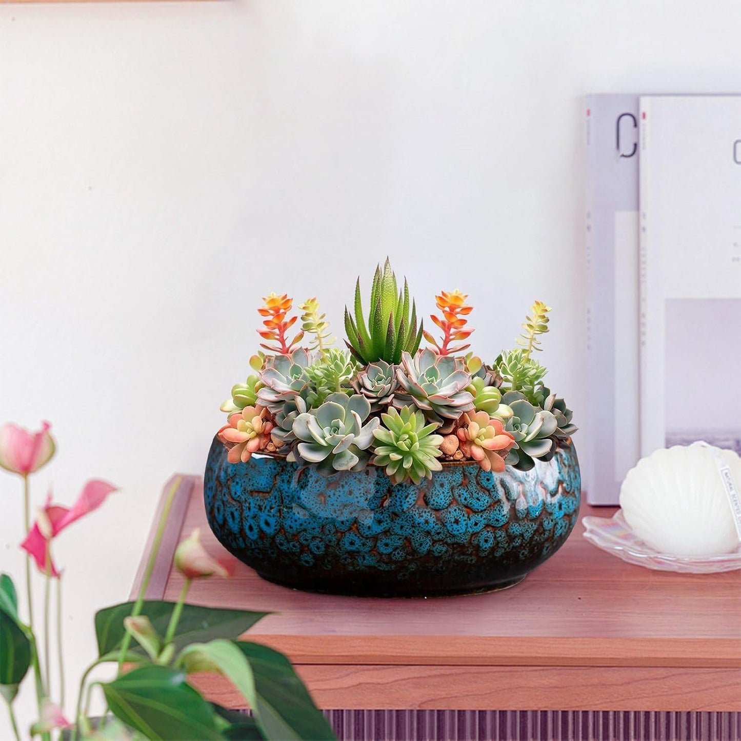 Lotus Bowl Planter, Lotus Bowls for Planting in Water Indoors, Ceramic Planters for Indoor Plants, Thickened Round Planter, for Succulent Plants Leak-Proof Design (Dark Blue)