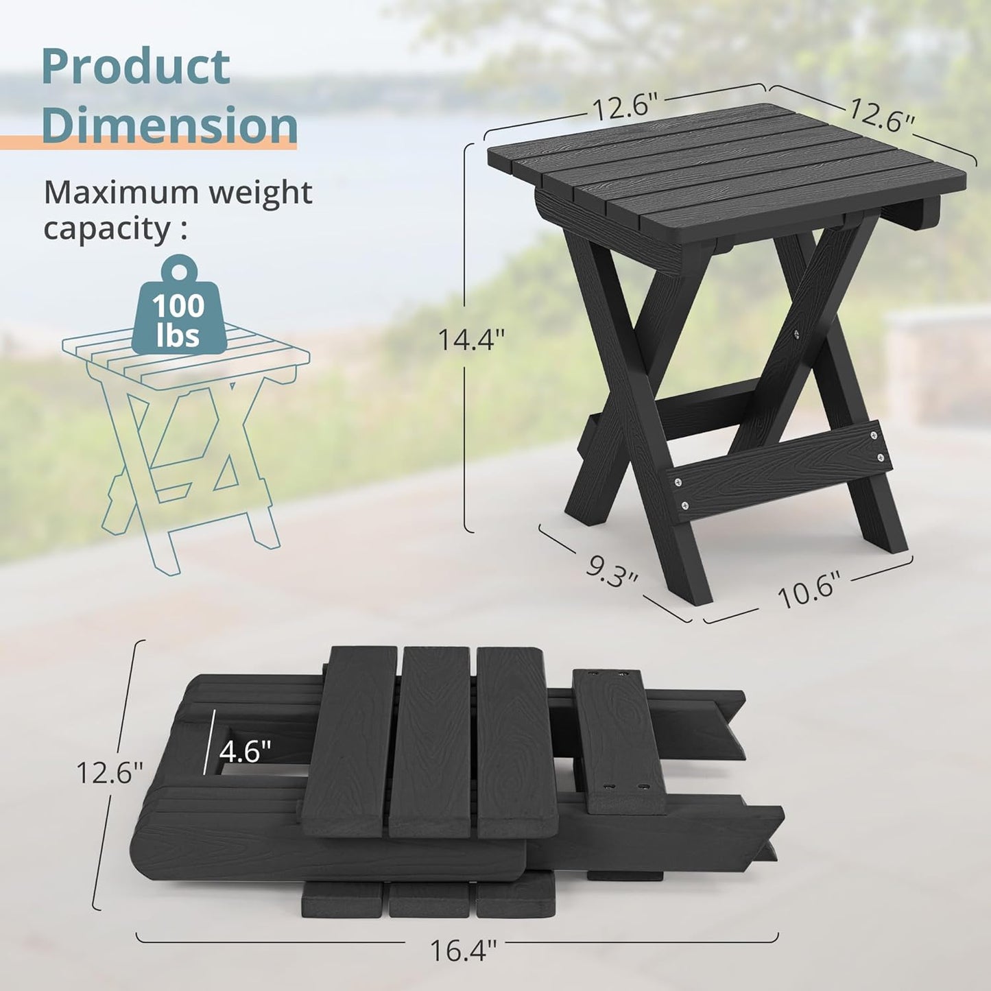 LUE BONA Small Outdoor Folding Side Table, Indoor Shower Bench Stool, HDPS End Table for Bathroom, Patio, Pool, 14 Inch Height, Black
