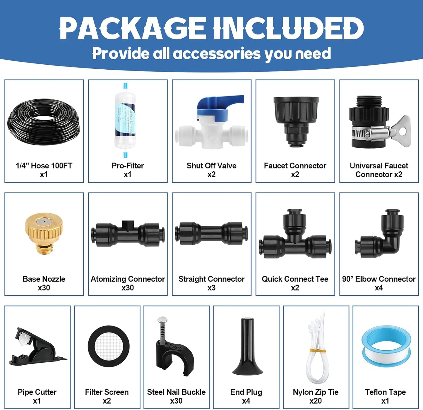 Kalolary 100Ft Misting Cooling System, Misters for Outside Patio with Water Filter, 100FT(30M) Misting Line, 30 Brass Mist Nozzles & 2 PE Adapters 3/4" Outdoor Mister for Backyard Garden Greenhouse