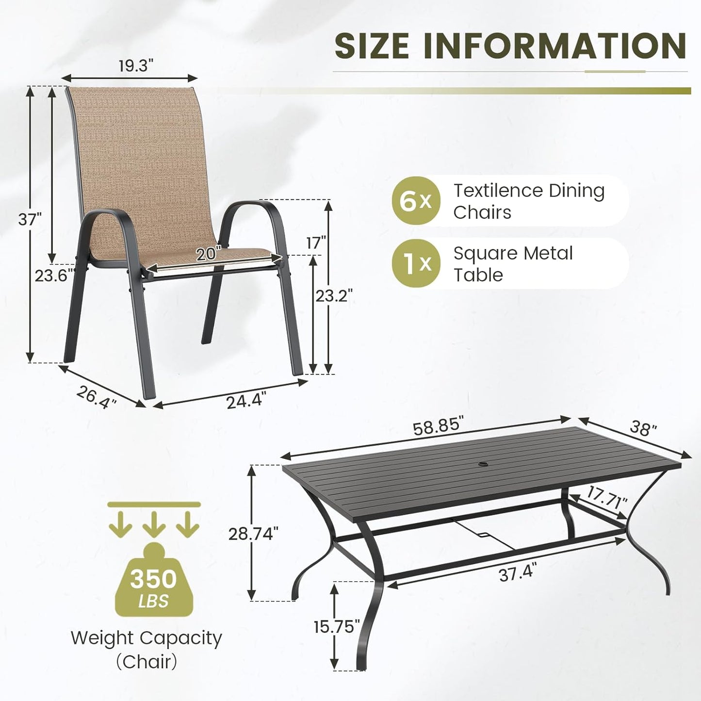 UDPATIO Patio Dining Set of 7, Outdoor Table and Chairs Set with Square Metal Table, 6 Stackable Patio Chairs with High Back, Outdoor Furniture for Deck Garden Backyard Lawn Poolside (Brown)