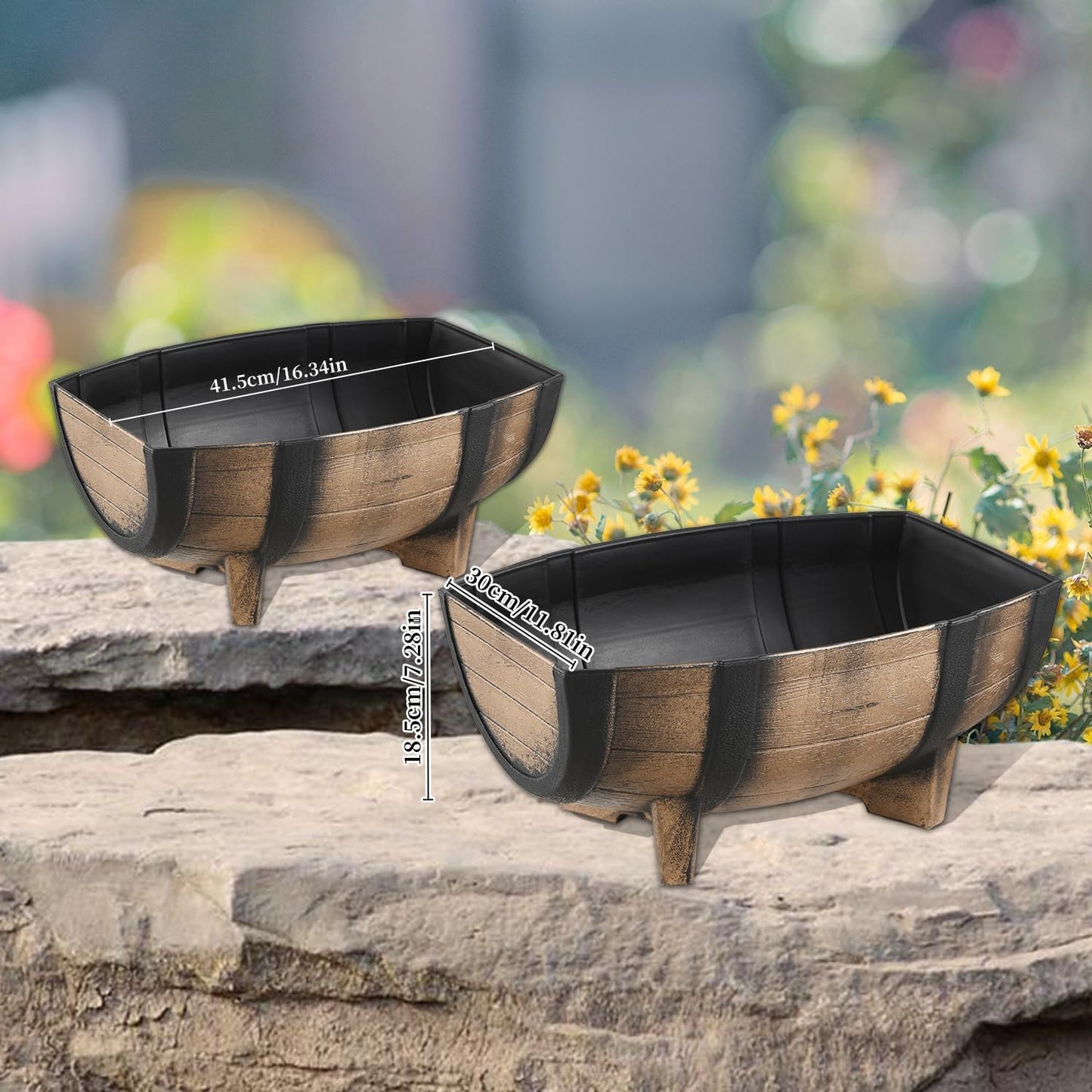 YI 2 Pack Rustic Half Barrel Planters, 16.34x11.81x7.28 Inches Plastic Weather Resistant Plant Flower Pot Indoor & Outdoor Garden Planter