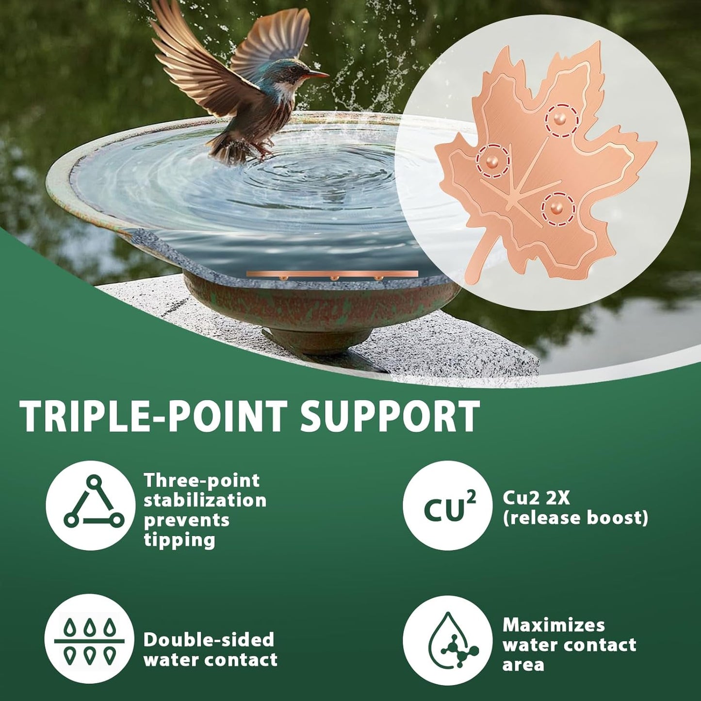 99.99% Pure Copper Bird Bath Disk, 0.6mm Maple Leaf Bird Bath Purification Disk with Triple-Point Support for Physical Safe Clean Water All-Season, Universal Fit for Outdoor Birdbaths, Bowl