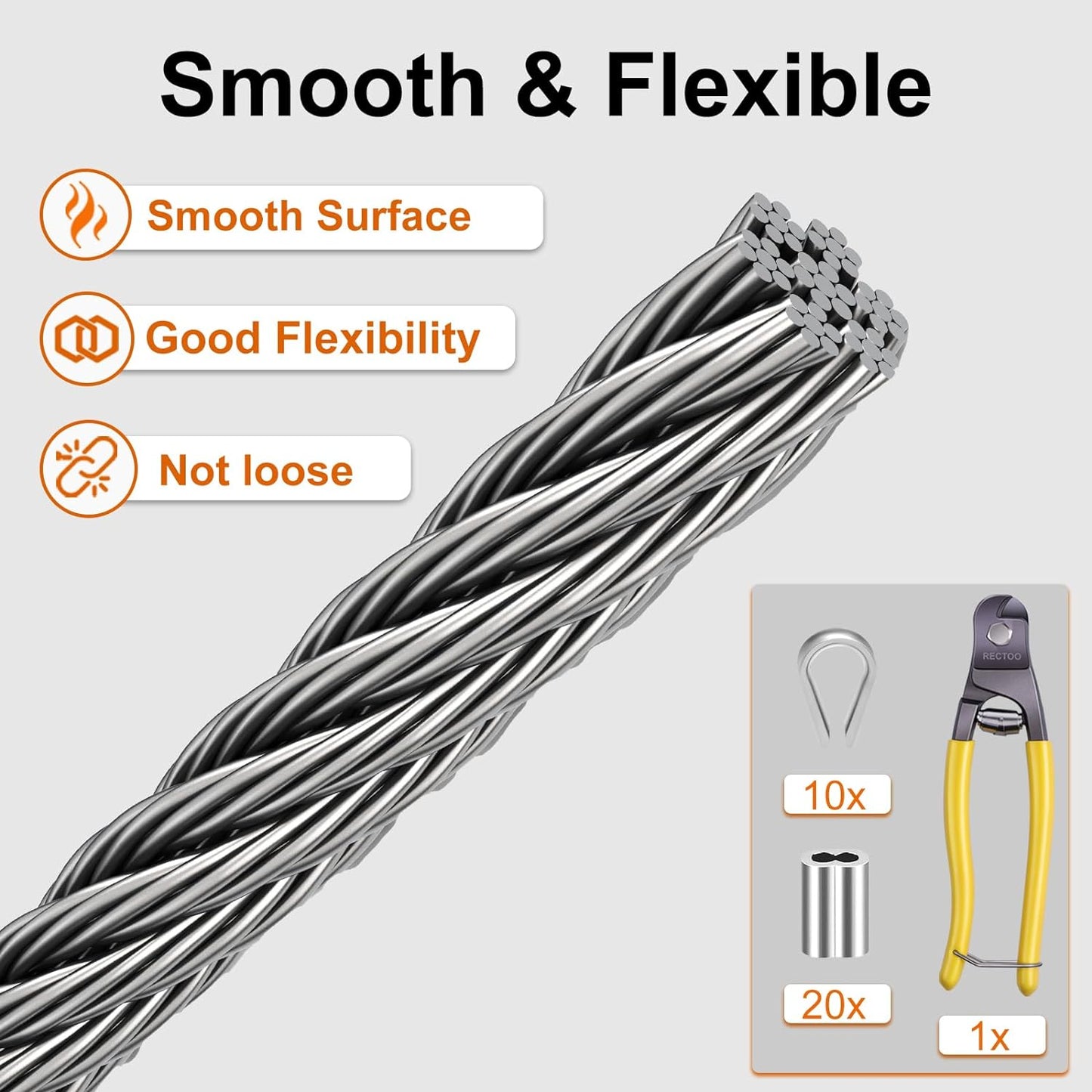 1/8" wire cable, 100ft Wire Rope Metal Cable With Loop Sleeve And Steel Thimble, Outdoor hanging kit, garden fence (SR03-1)