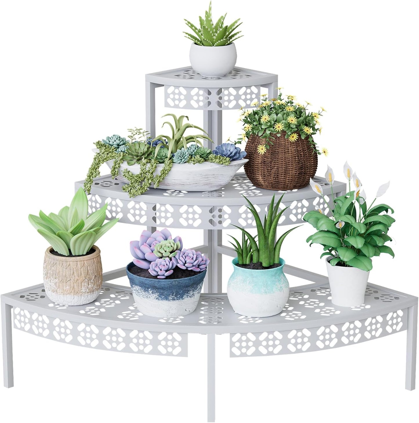 3 Tier Plant Stand Semi-Circular Flower Pot Organizer Rack Quarter Round Plant Display Holder Outdoor Storage Shelves Metal Corner Shelf Planter Shelving Ladder Plant Stand for Indoor Use(White)
