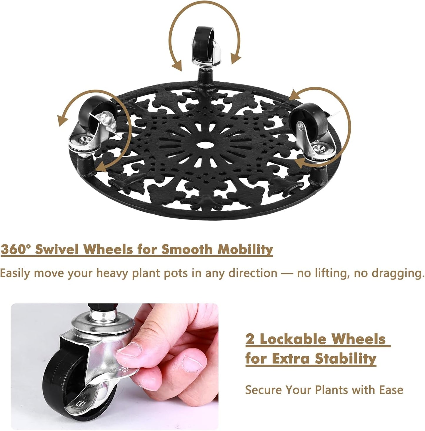 2 Pack Plant Caddy with Wheels 11 Inch Rolling Plant Stand for Large Plants Heavy Duty Plant Rollers Metal Plant Dolly Rustproof Planter Stand Wrought Iron Plant Stands Flower Cart Indoor Outdoor