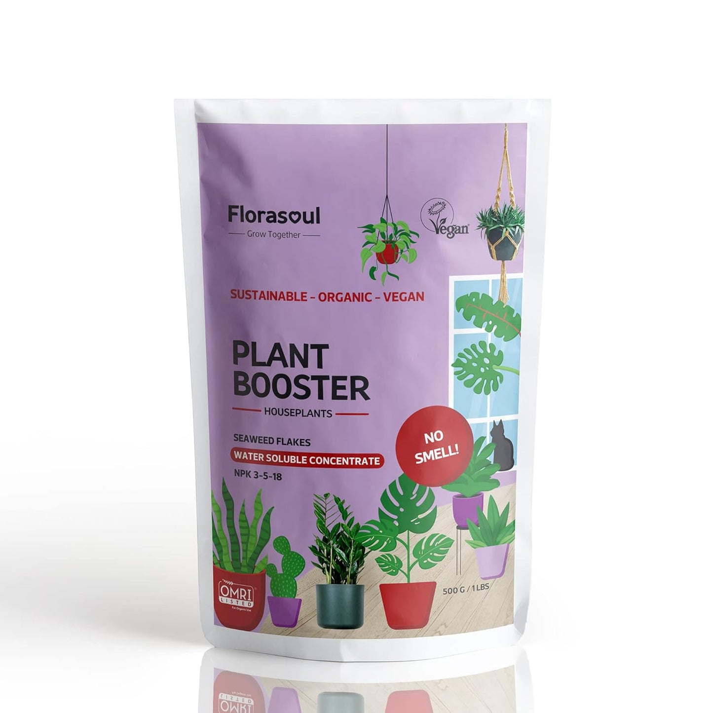 PLANT BOOSTER Indoor Plant Food Water Soluble Flakes Organic Seaweed Fertilizer NO SMELL Best House Plant Feed Eco Friendly, Certified Vegan Organic Plant Fertilizer 500g/350l