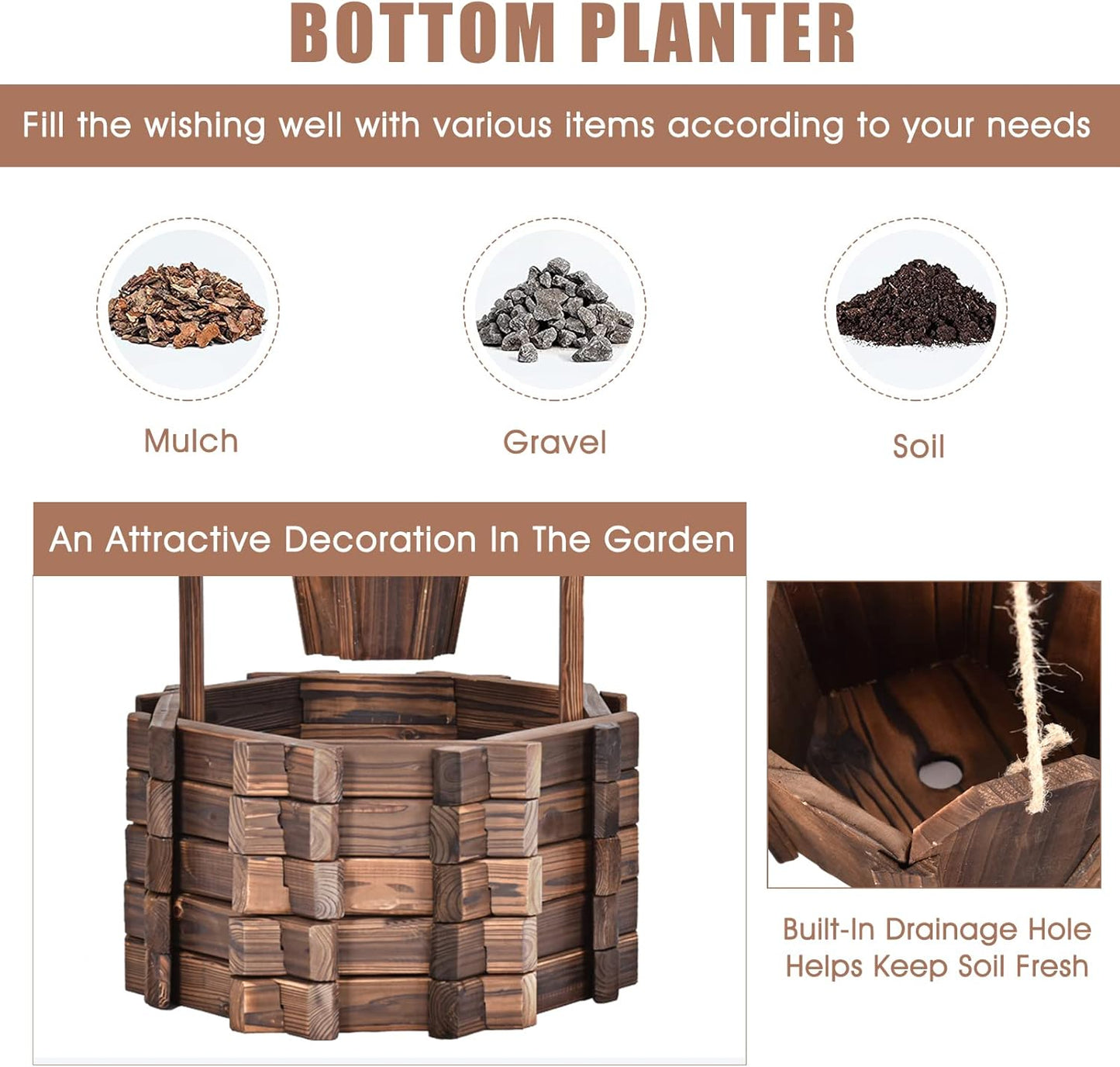 Giantex Rustic Wooden Wishing Well Planter with Hanging Bucket and Roof, Flower Plants Planter Wishing Wells for Outdoors Backyard Patio Garden Lawn Outside Decor