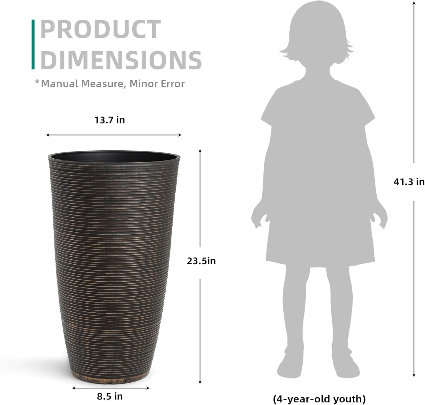 23.5" H Tall Planters, 2-Pack Taper Large Flower Pots for Indoor Outdoor Use, UV-Protect PP Plant Container for Garden Patio Yard Balcony Porch or Home Decor, Bronze Vertical Stripes Texture