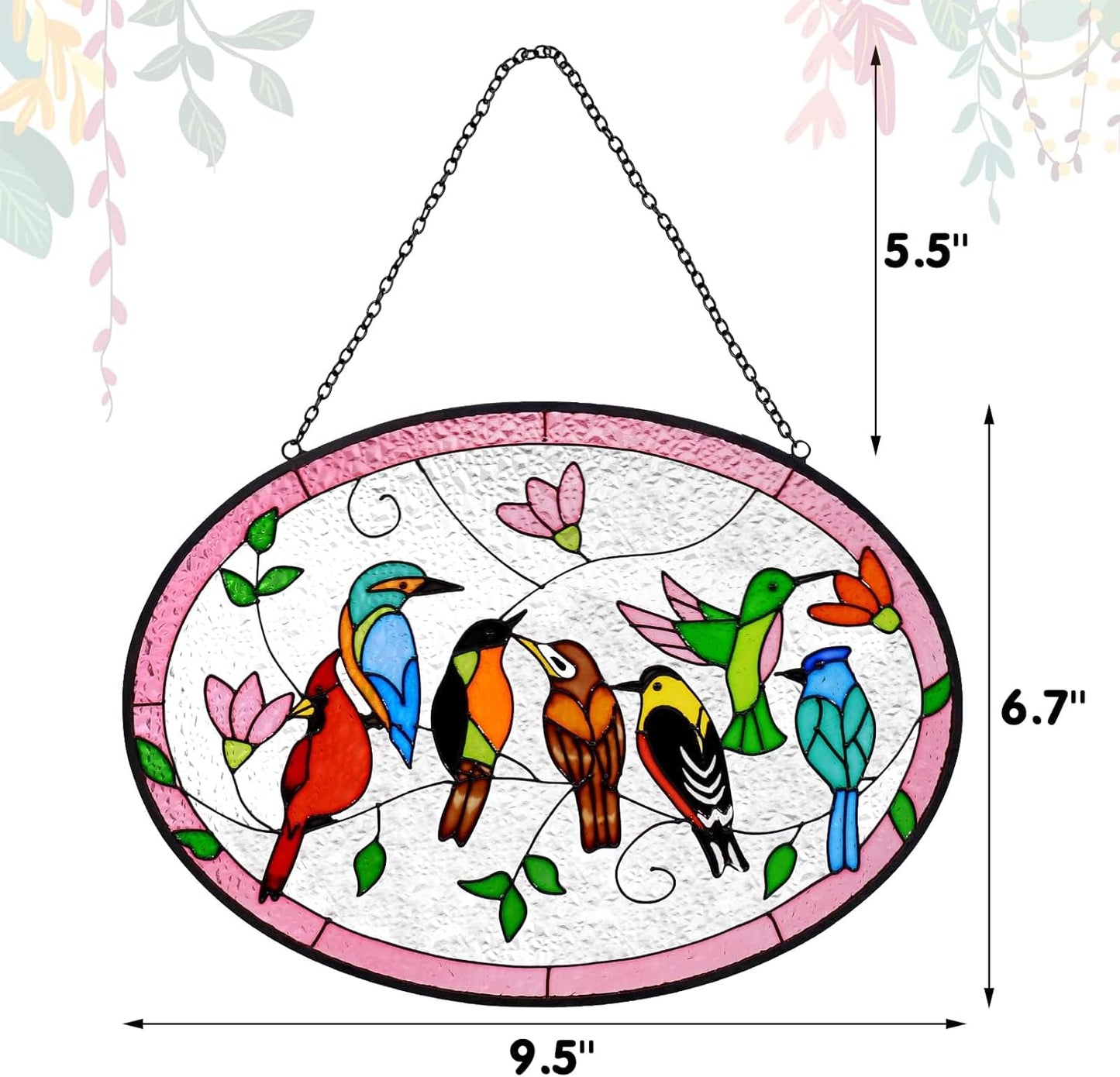 Huray Rayho Birds On A Branch Stained Glass Ornament, 9.5''x6.7'' Cardinal Hummingbird Suncatcher Hand-Painted Double Side Glass Panel Window Hanging Decor Bird Lover Gift for Mom, Grandma, Teacher