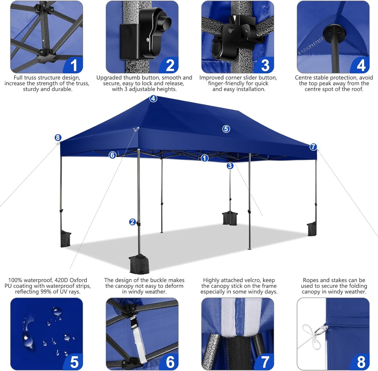 COBIZI 10x20 Pop up Canopy Tent Heavy Duty with 6 Sidewalls, Easy Set-up Commercial Outdoor Party Tent, 100% Waterproof Wedding Gazebo, 3 Height Adjustable with Wheeled Bag, Dark Blue