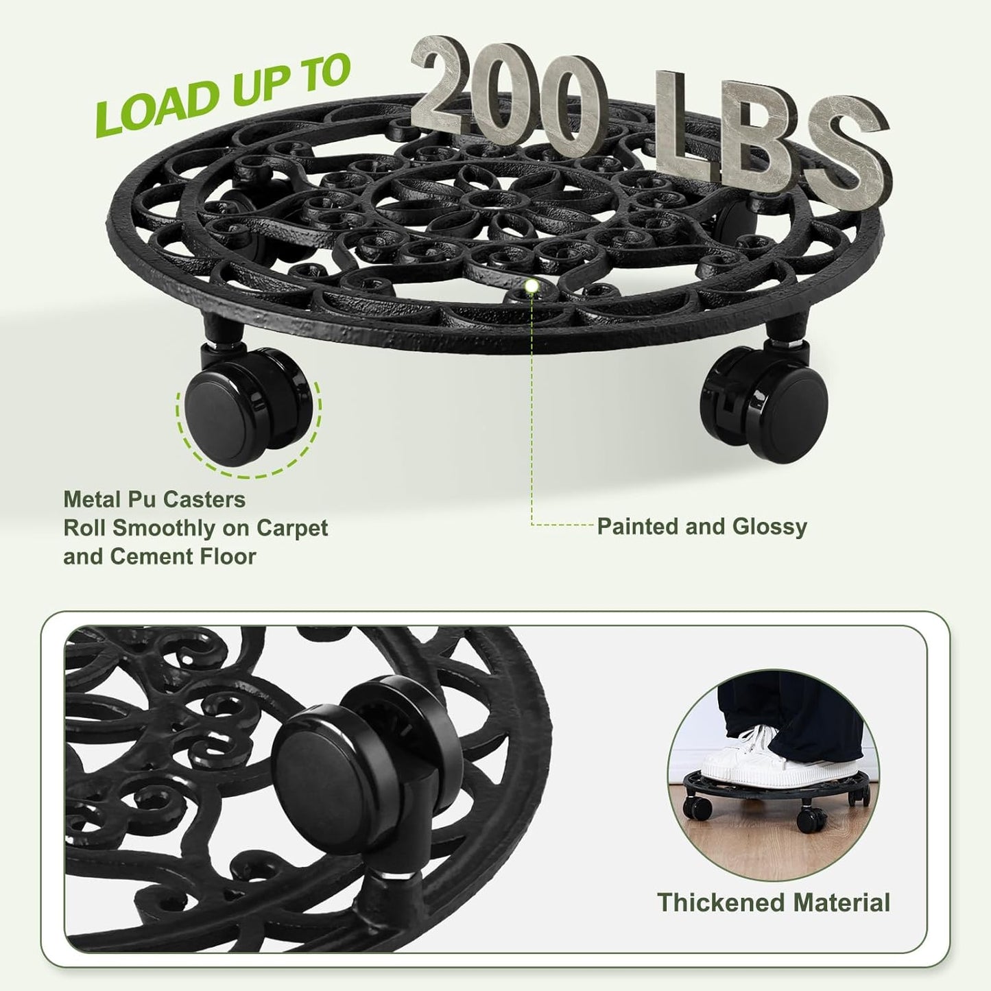 2 Packs Rolling Plant Stand with Wheels Metal Plant Caddy with Wheels Heavy Duty 13'' Round Plant Stand Indoor Iron Plants Rollers for Plants, Plant Dolly with Plant Saucers