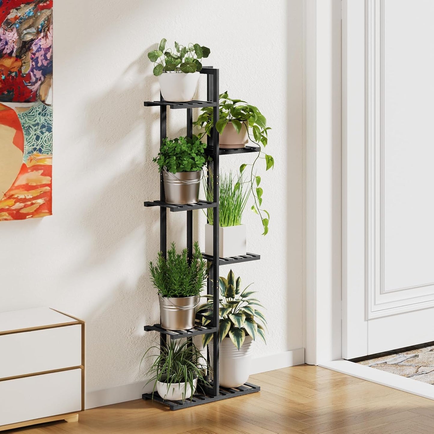 ROSSNY 48 Inch Tall Plant Stand Indoor, 6 Tier 7 Potted Bamboo Plant Stands for Indoor Plants, Corner Plant Stand, Tiered Plant Stands, Plant Shelf For Indoor, Planter Holder for Multiple Plants Indoor, Black