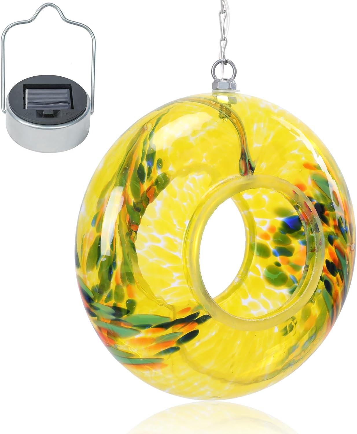 VCUTEKA Bird Feeder Solar Fly Through Bird Feeders for Outside Hanging with Round Shape Glass Container to Attract Wild Birds for Garden Decor, Yellow 8"